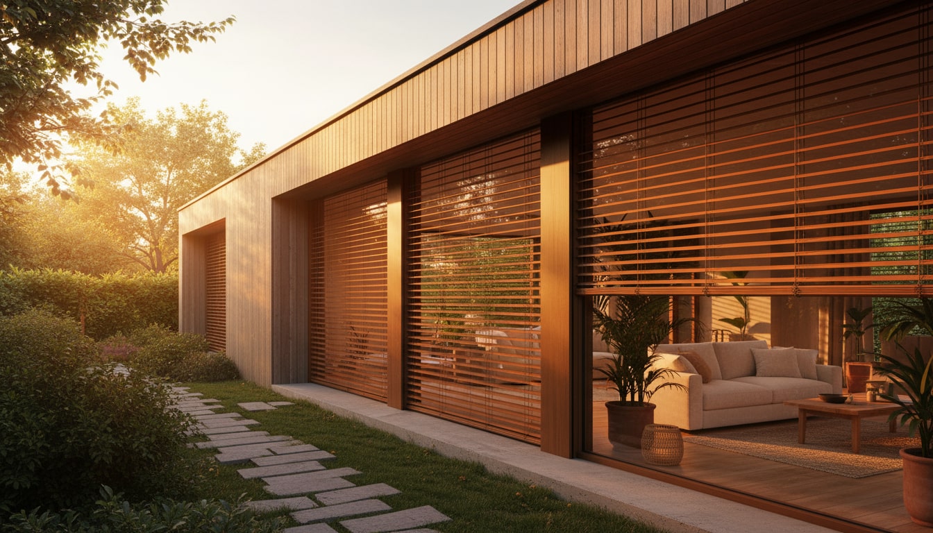 oslony zewn-min Modern single-family house with exterior roller shutters and facade blinds, designed for sun and noise protection. Daytime scene showing sunlight filtered by the shutters, cozy interior, calm atmosphere, suburban greenery around the house. Realistic architectural render, high-quality lighting, soft shadows, detailed materials, photo-realistic, no people.