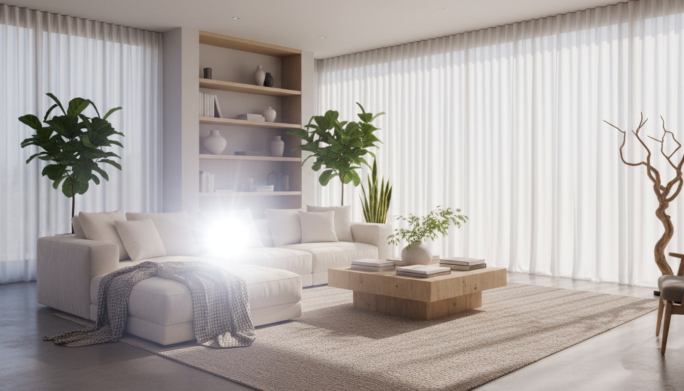 wn oslony Nowoczesne wnętrze z dużymi przeszkleniami — salon z panoramicznym oknem i widokiem na ogród, wyposażony w eleganckie żaluzje pionowe lub rolety panelowe. Naturalne, miękkie światło dzienne przenika przez tkaninę osłon, tworząc przytulną atmosferę. Styl minimalistyczny, nowoczesny design, stonowane kolory (biel, beż, szarość). W tle rośliny doniczkowe i drewniane elementy wykończenia.