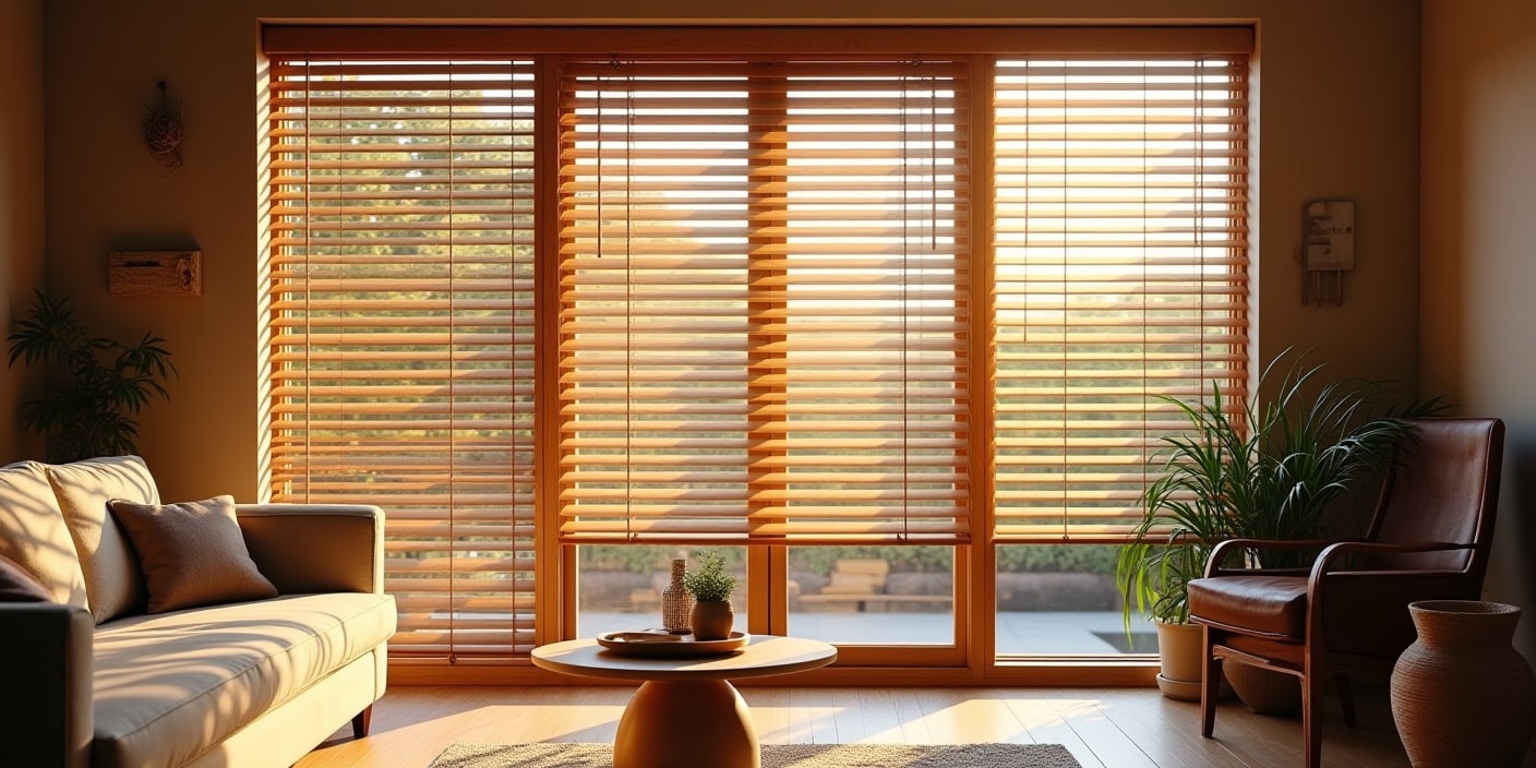 A cozy and elegant living room with large windows featuring horizontal wooden venetian blinds. The blinds are partially open, allowing warm natural sunlight to enter the room while maintaining a sense of privacy. The blinds are made of real wood slats and have a natural finish. The interior is modern with wooden flooring, neutral-colored walls, a soft fabric sofa, indoor plants, and subtle Scandinavian-style decor.